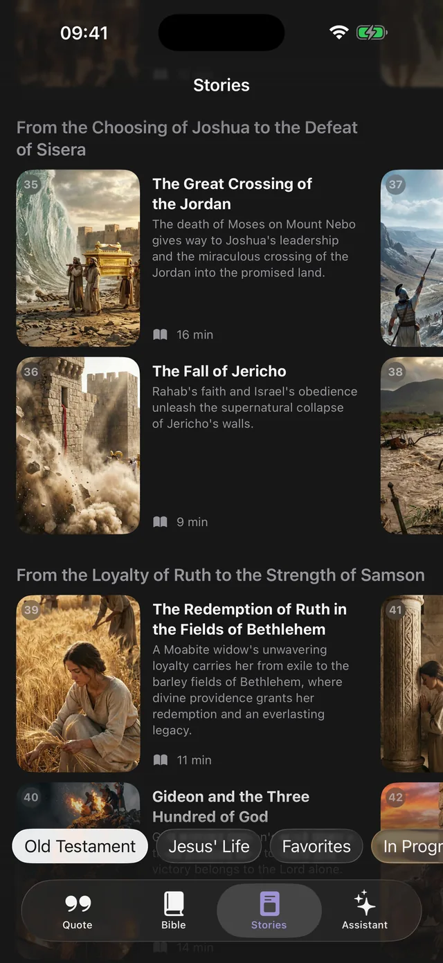 Grid of more than one hundred illustrated Bible stories for adults in the Bible 365 app, from Genesis to the Gospels