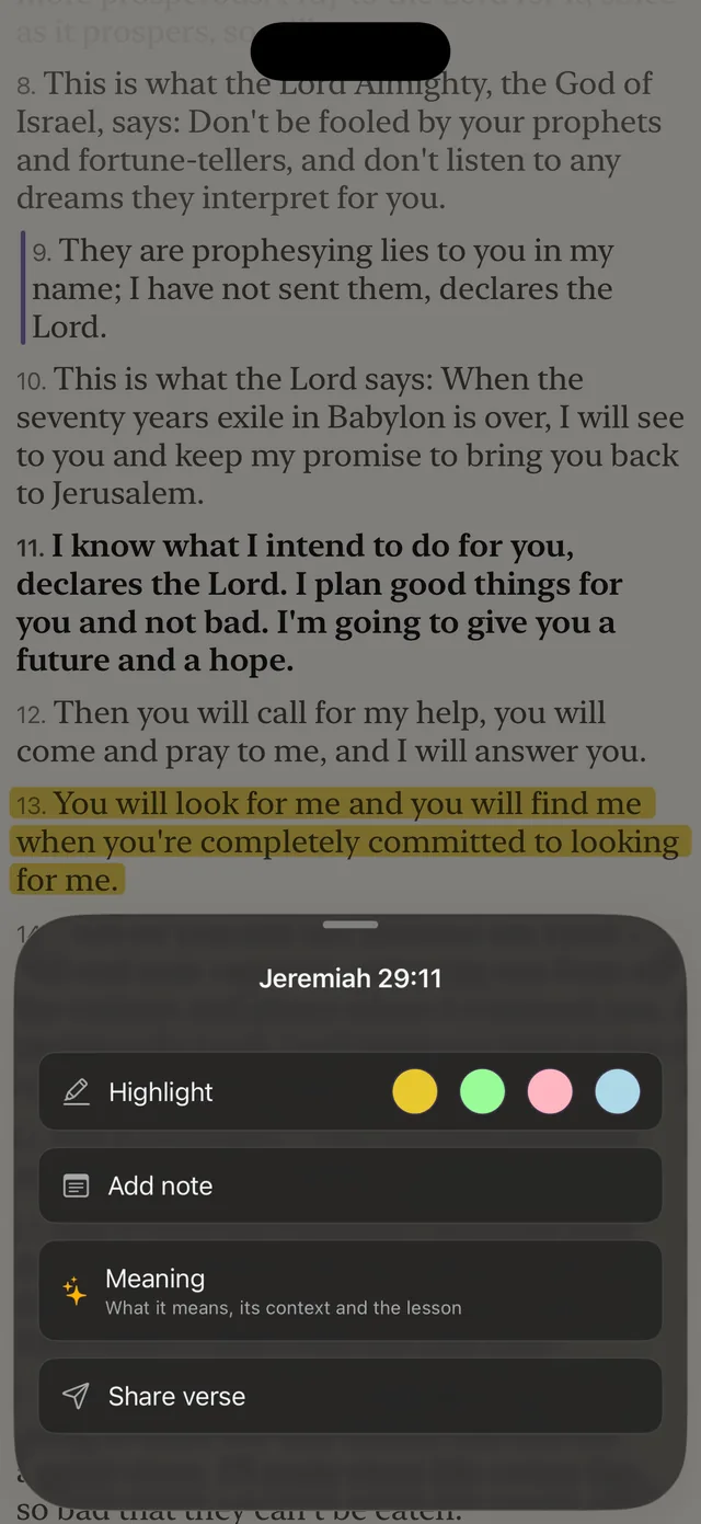 Jeremiah 29:11 highlighted in the Bible 365 reader with options to add a note, see its meaning and share the verse