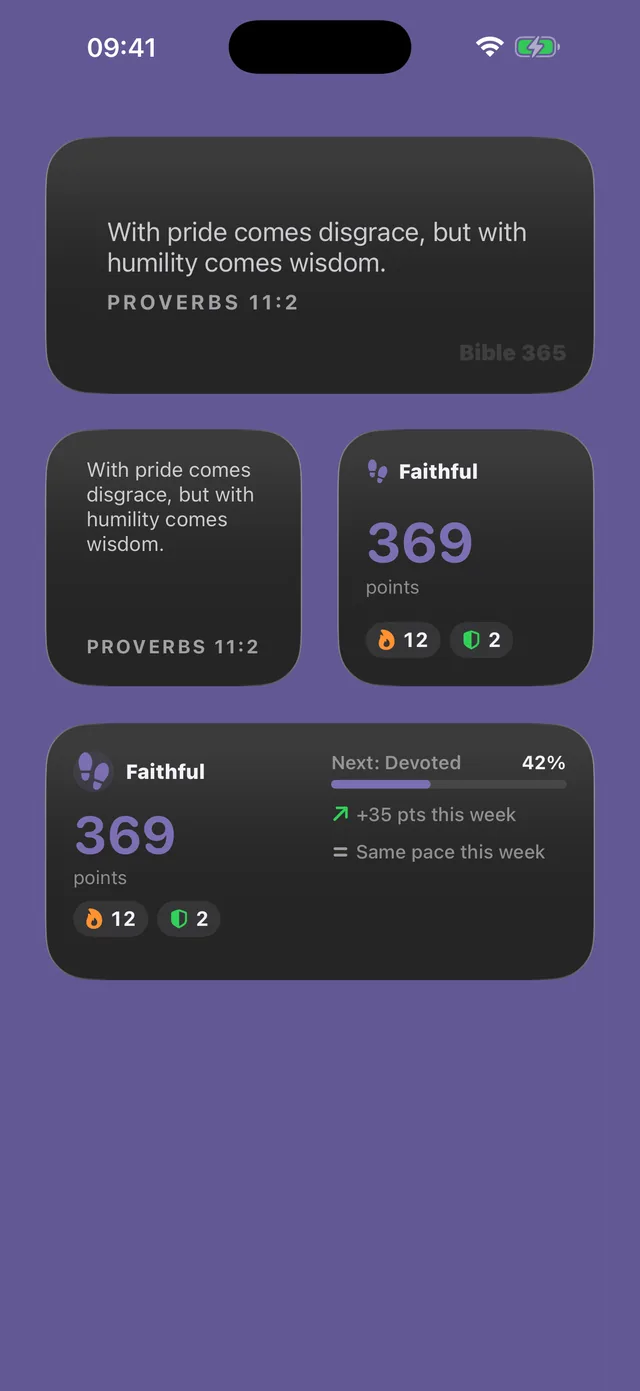 Bible 365 verse-of-the-day and progress widgets on an iPhone Home Screen