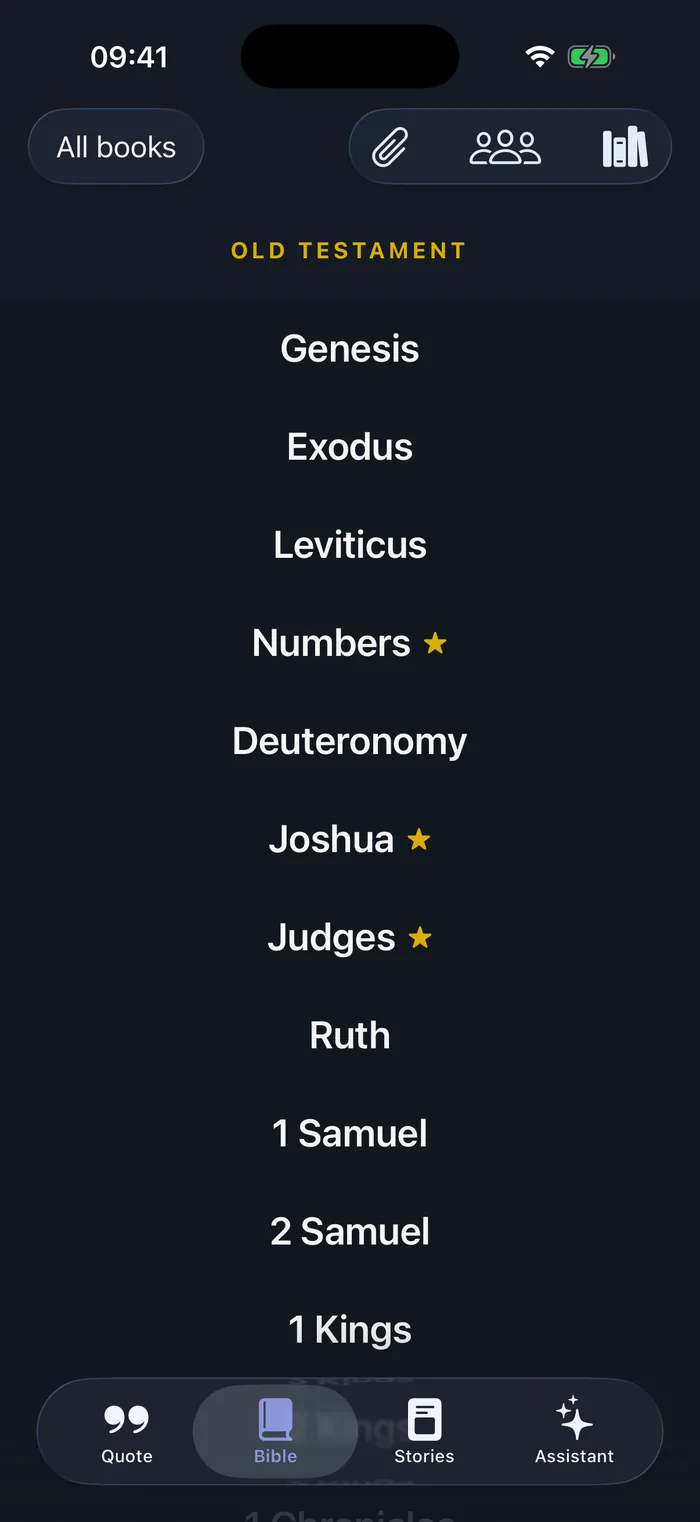 Bible 365 Bible book index for the Old and New Testament, with favorites