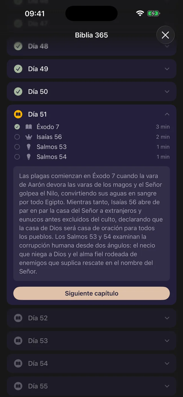 Plan de lectura de Bible 365: día 51 del plan de la Biblia en un año, con los capítulos y el progreso