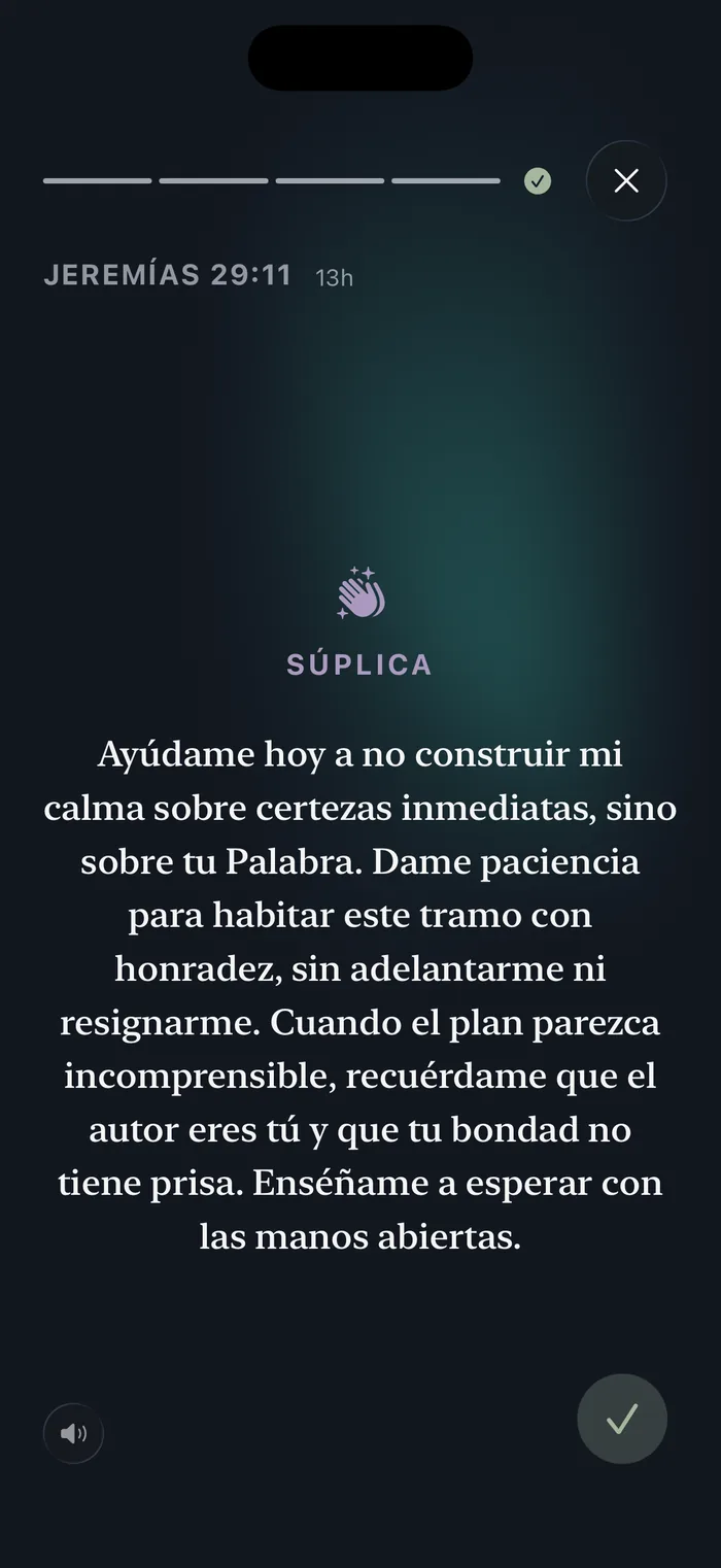Oración guiada de Bible 365, el paso de súplica, en vista inmersiva a pantalla completa