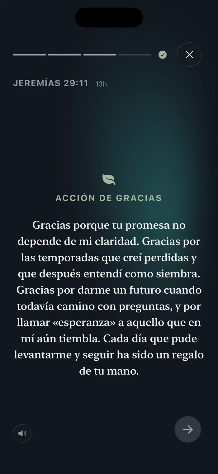 Oración guiada de Bible 365, el paso de gratitud, en vista inmersiva a pantalla completa