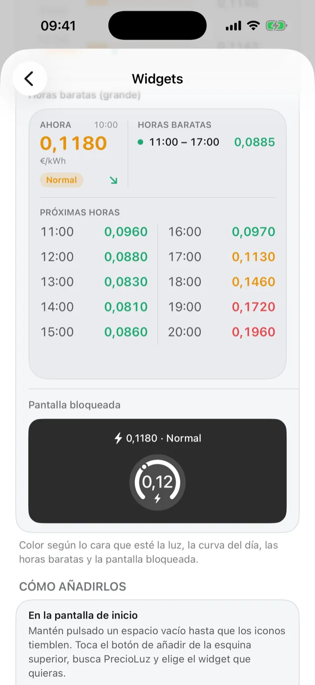 Widget grande con las horas baratas y las próximas horas coloreadas, y el widget de la pantalla bloqueada
