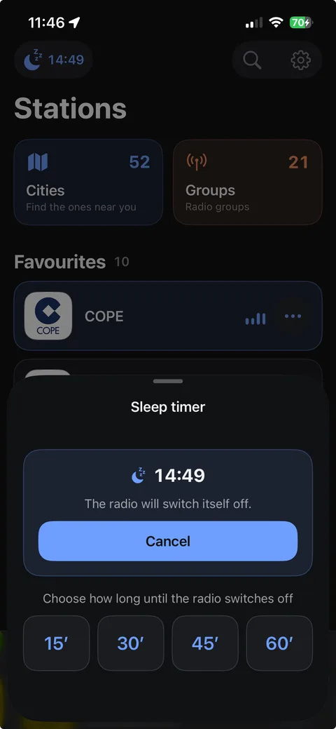 The sleep timer set, showing the time the radio will switch off
