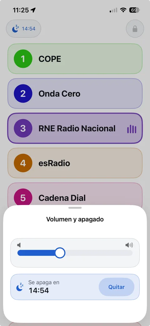 La misma pantalla con el temporizador puesto: «Se apaga en 14:54» y un botón de quitar