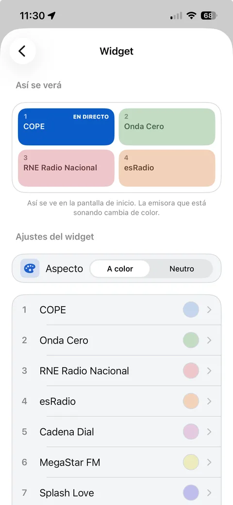 Ajustes del widget con la vista previa a color y la lista de emisoras con su color asignado